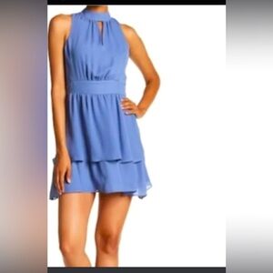 $288 Beautiful Parker slate blue keyhole neck tiered skirt cocktail dress Sz S